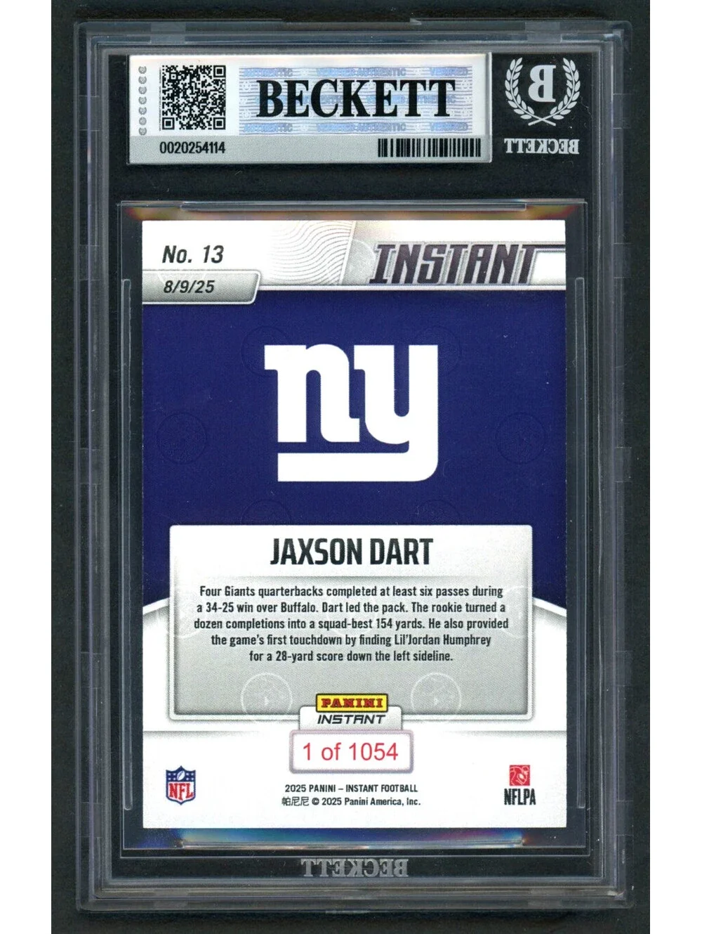 2025 Panini Instant NFL #13 Jaxson Dart Debut Giants Rookie (RC) BGS 9 Mint